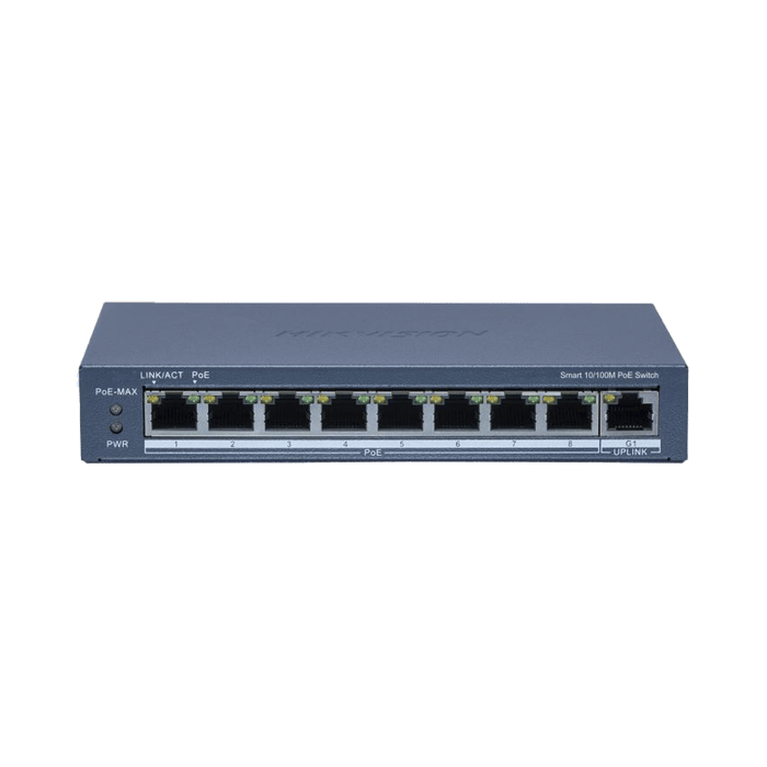 Switch PoE+ / Monitoreable / 8 Puertos 10/100 Mbps PoE+ / 1 Puerto 1000 Mbps Uplink / Configuración Nube Hik-Partner Pro / Modo Extendido hasta 300 metros / 60 W