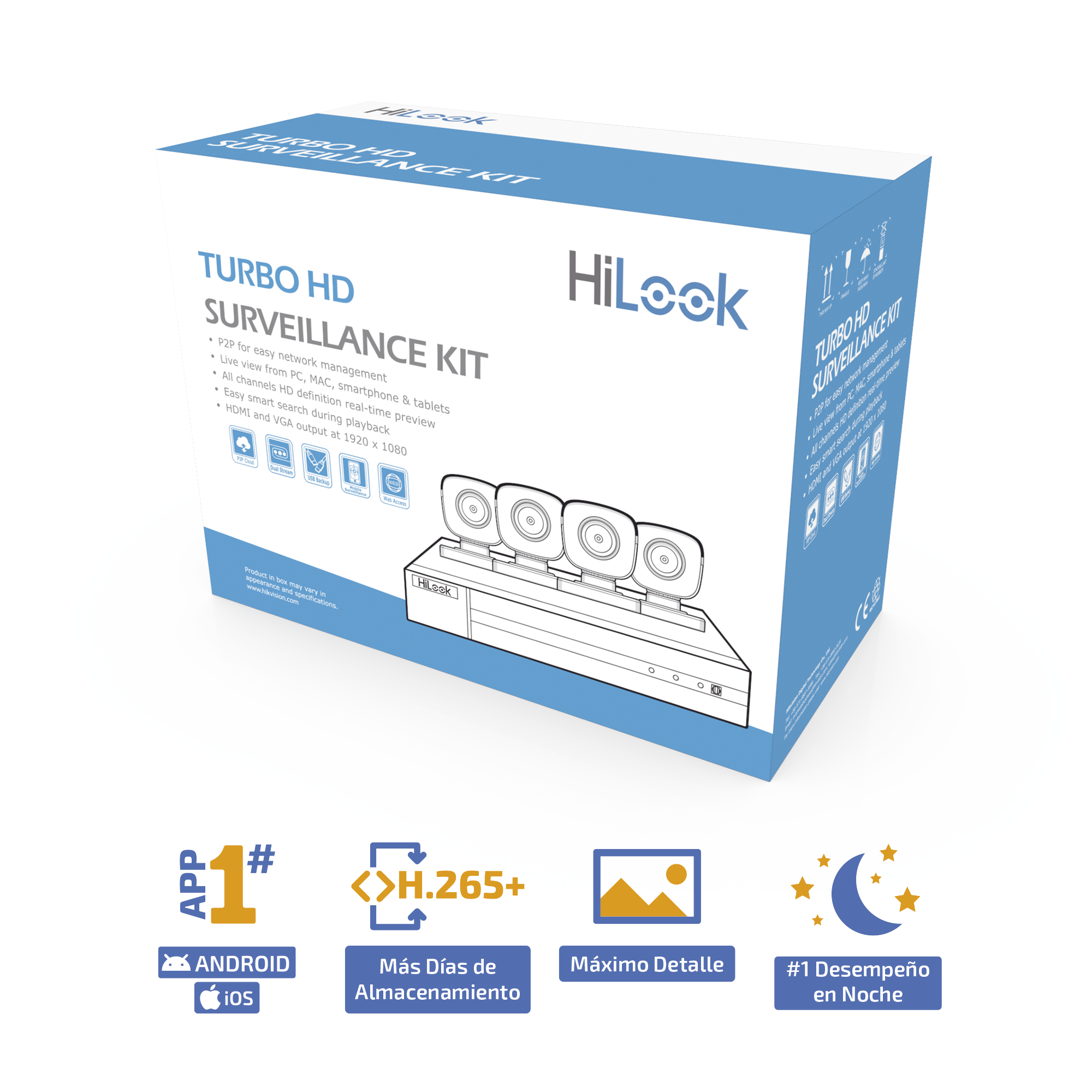 KIT TurboHD 1080p / DVR 8 canales con H.265+ / 4 Cámaras Bala Metálicas / Fuente de Poder / Accesorios de Instalación